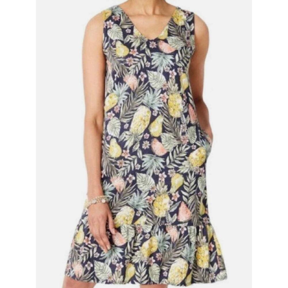 J. Jill Flounce Hem V Neck Dress Fruit Print Sleeveless M Tall‎